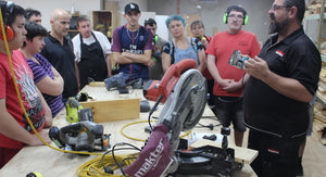 FIRST Service members with Joey from Makita who visited and gave our woodwork groups a demonstration on how to use some equipment while following WHS regulations.